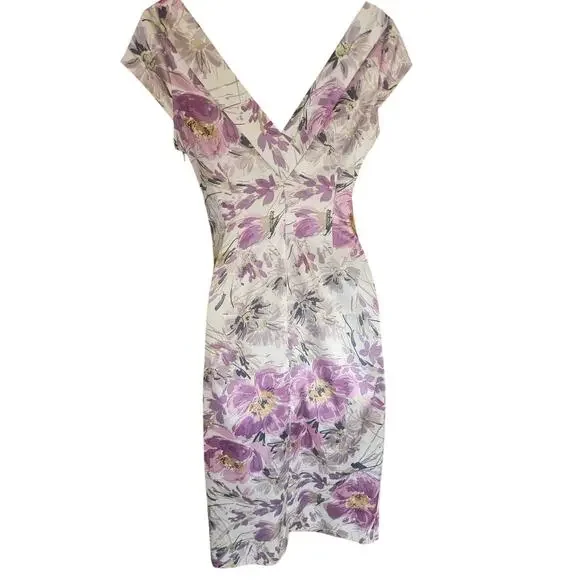 Maggy London Floral Dress Sheen Purple White Ruched Waist Sz 6 - Picture 4 of 9